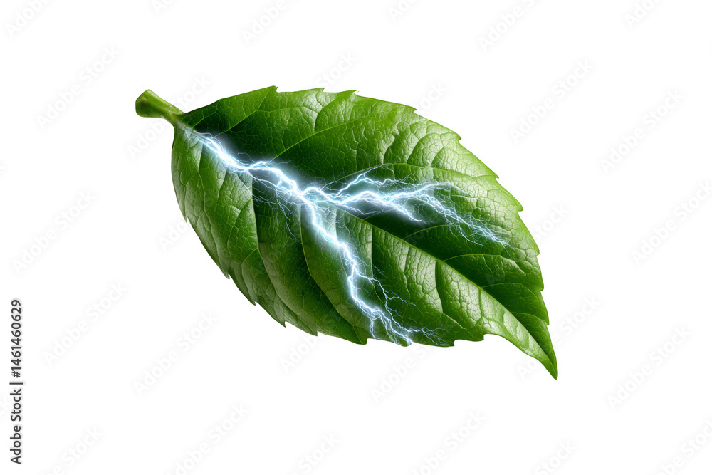 Poster a vibrant green leaf with striking lightning patterns running through it. png, transparent backgroun