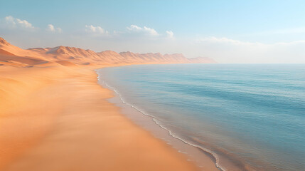 Desert beach meets a tranquil ocean.  Golden sands meet the azure waters in a serene desert landscape