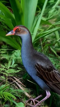 Chestnut headed crake bird standing amid green foliage in natural habitat, displaying colorful plumage and sleek body features, wildlife