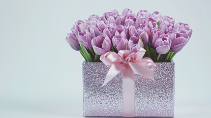 Obraz premium Purple Tulips in a Glitter Gift Box. A beautiful arrangement of purple tulips in a decorative, glittery box with a pink ribbon, perfect for a special occasion.