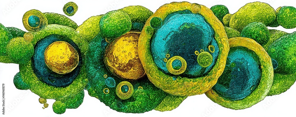 Poster fat cell, colorful abstract representation of cells with vivid textures and circular forms.