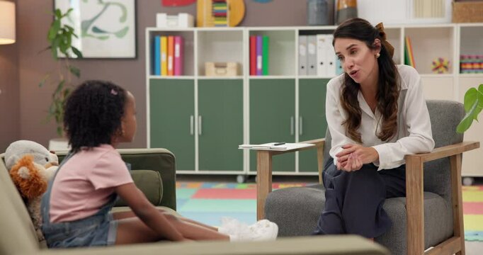 Doctor, child or talk therapy with psychology evaluation, intellectual assessment or questions in office. Psychotherapy, girl patient or psychologist with consultation for CBT, autism or ADHD support