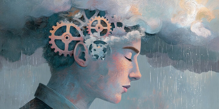 Profile of a person with gears and clouds in their head, rain falling, symbolizing inner workings of mind, thought processes, or mental state