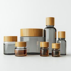 Cosmetic bottles and containers set on white background