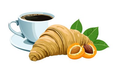 Breakfast Vector Set – Croissant with Coffee and Apricot in Illustration