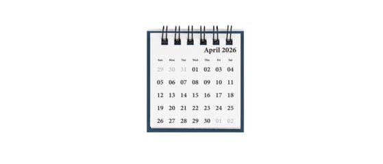 Desktop calendar for April 2026 in white colour. Mini planner for business and finance, spiral view on isolated white background close up.