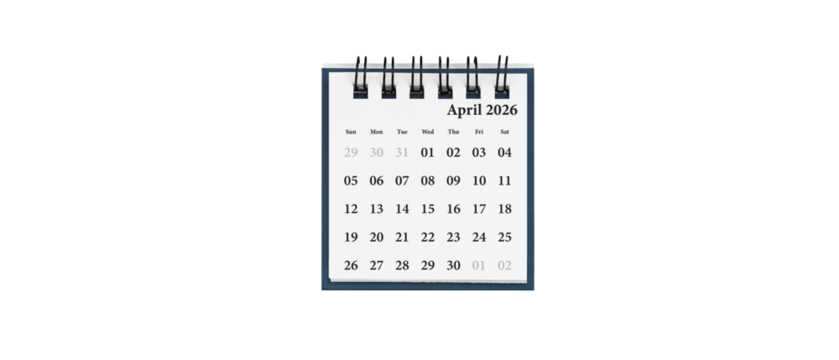 Desktop calendar for April 2026 in white colour. Mini planner for business and finance, spiral view on isolated white background close up. - Powered by Adobe
