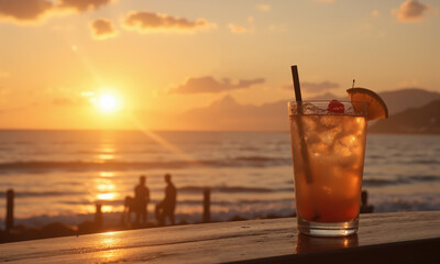 beach sunset with a tropical drink in the foreground, garnished with a cherry and orange slice. The reflection in