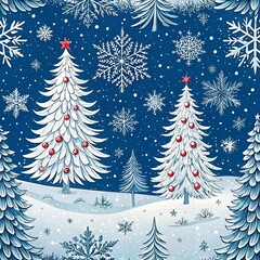 Seamless Christmas winter landscape illustration with snow-covered fir trees and snowflakes