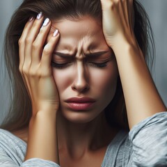 Obraz premium A young woman with long brown hair clutches her head, eyes closed, expressing intense stress and pain