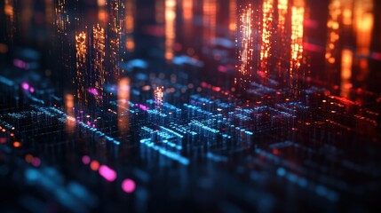 Obraz premium Abstract technology background with glowing blue and orange lights reflecting off a dark surface creating depth and intricate patterns.