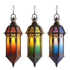 Obraz premium Three colorful hanging lanterns, decorative and vibrant