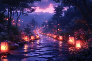 Obraz premium Path illuminated by warm lanterns, evening glow, trees, tranquil scene