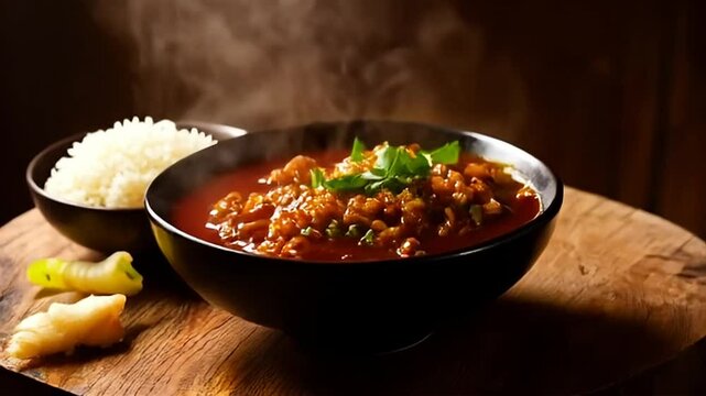 Mexican Picadillo Served in Black Bowl with Rice on Wood Surface Under Warm Light