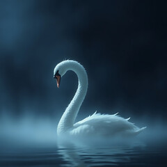 swans emerge from a mist-shrouded lake