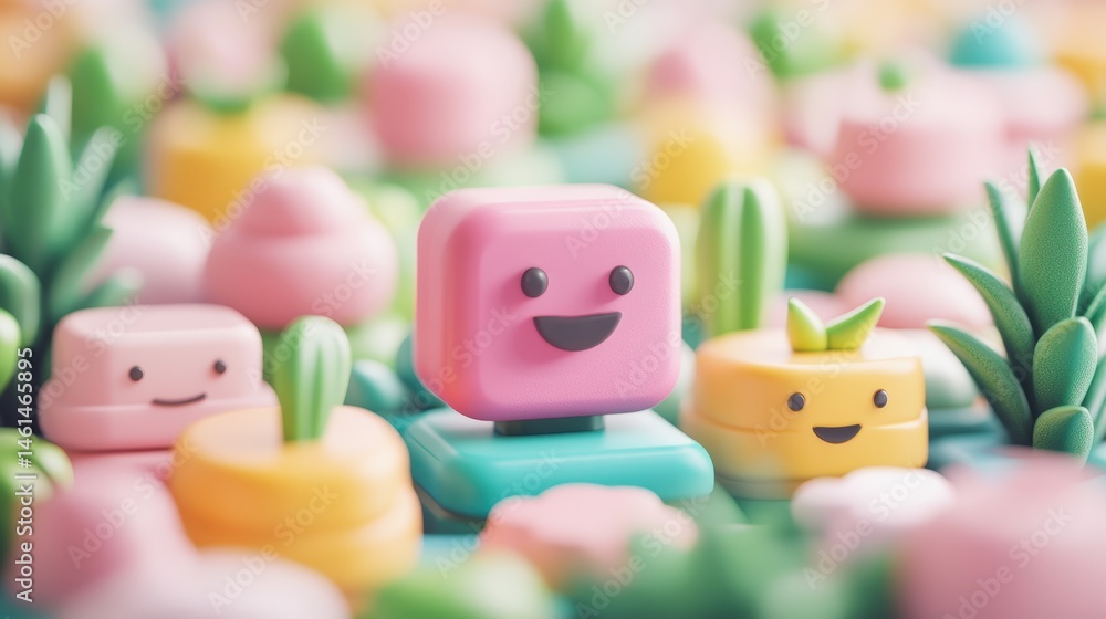 Poster a collection of colorful cute toy blocks with smiling faces and various shapes arranged on a soft, d