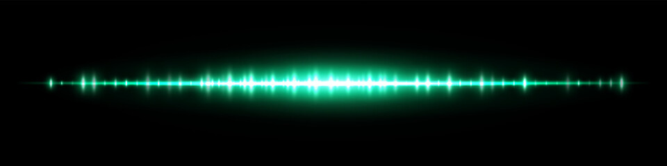 Green audio waveform with glowing peaks and reflection. Suitable for music background, podcast visual, sound analysis, digital equalizer, voice playback and tech audio interface.