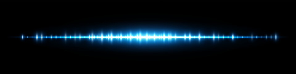 Blue soundwave with glowing bars and mirror effect on black. Perfect for electronic audio interface, modern music visuals, voice recording design, signal transmission and digital media.