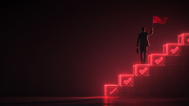 A businessman in a dark suit holding a red flag at the top of a glowing digital staircase made of checkmarks, concept of goal achievement and success