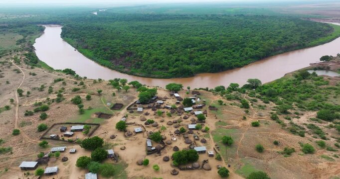 Karo Tribe Village On Bank Of Omo River In Ethiopia - Aerial Drone Shot