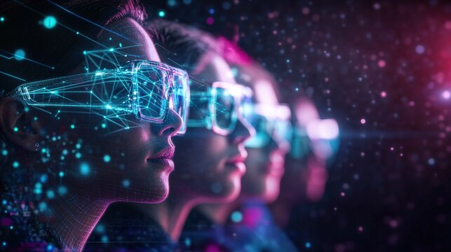Three individuals wea augmented reality headsets experience a vibrant digital interface with floating geometric shapes and particles in a dark