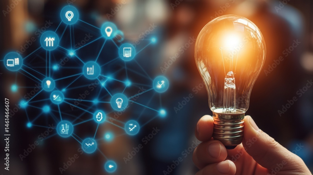 Poster hand holding glowing light bulb with blurred network of connection icons representing innovative tec