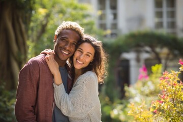 A joyful couple embraces affectionately in a sunlit garden, sharing a warm smile.