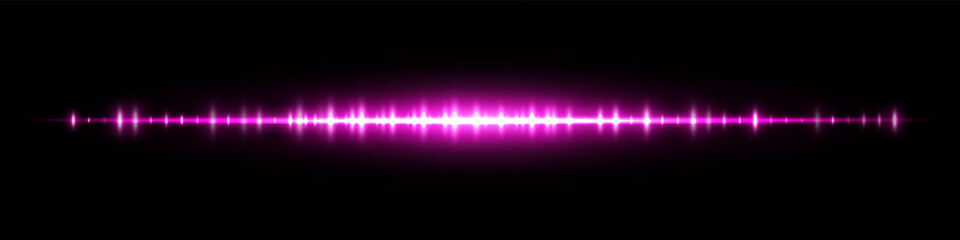 Purple soundwave with glowing bars and mirror effect on black. Perfect for electronic audio interface, modern music visuals, voice recording design, signal transmission and digital media.