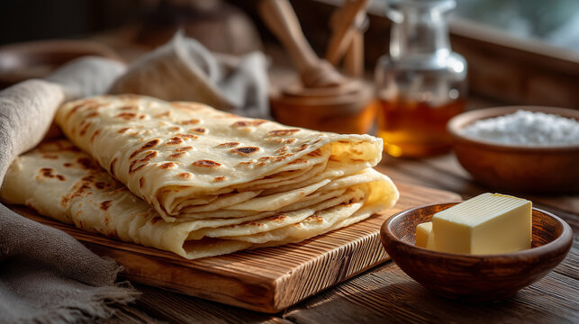 Traditional Norwegian lefse, potato flatbread, stacked on a wooden board, soft and golden with light charring, served with butter, sugar, and cinnamon, placed on a rustic table