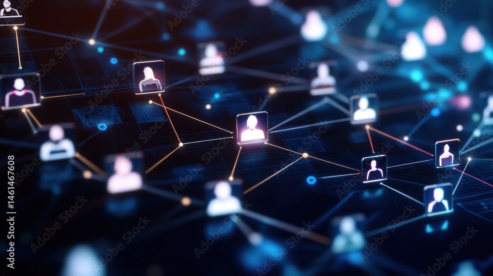 Poster network connecting multiple people icons to illustrate digital relationships and social connections 
