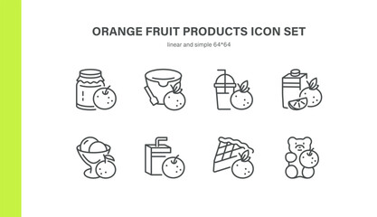 Orange Fruit Products Icon Set. Thin Line Illustrations of Marmalade Jars, Yogurt Cups, Smoothies, Juice Cartons, Ice Cream Desserts, Candies and Pie Slices for Citrus Confectionery Concepts
