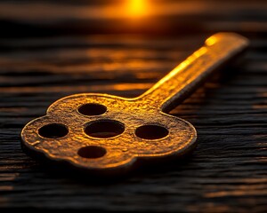 Vintage key with sunlit details on a wooden surface.