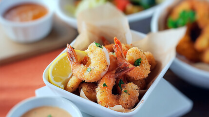 Fried breaded shrimp served with lemon in an elegant white ceramic bowl, placed on a table with sauces and other dishes