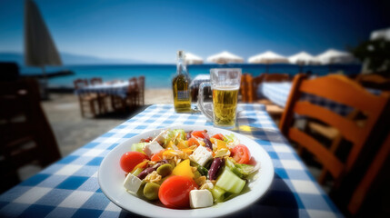 Fototapeta premium Greek salad with feta, cherry tomatoes, cucumbers, olives and peppers, served on a plate on a table in a beach restaurant, with a blue checkered tablecloth, sea and umbrellas in the background