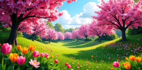 Wide spring bloom panorama, vibrant park colors, park, vibrant
