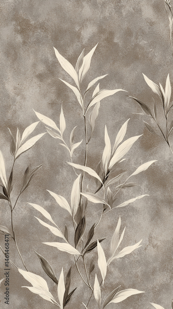 Poster beige leaves on a brown textured background, creating a calm and serene botanical illustration, suit