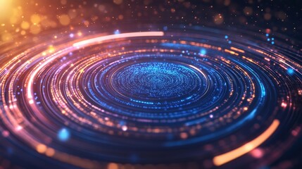 Obraz premium Abstract circular pattern with glowing blue and orange lights creating a swirling vortex effect suitable for modern technology concepts.