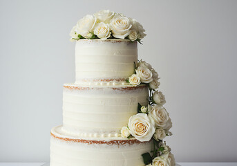 Elegant White Wedding Cake with Roses: Three-Tiered Naked Cake Design