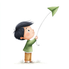 Minimal watercolor clipart of a boy flying a kite - whimsical art for children's decor and prints