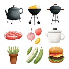 Minimalist bbq watercolor elements on white background for culinary design projects