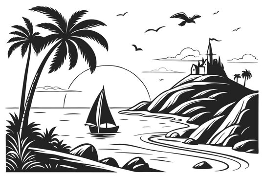 90 Tropical islands silhouettes, black and white illustrations, palm trees, rocky cliffs, castle on hilltop, sailboats, ocean waves, sunset, birds flying, detailed vector art, scenic landscapes, parad