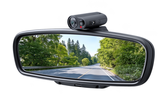 A rearview mirror reflecting a tree-lined road. Png, Transparent background.