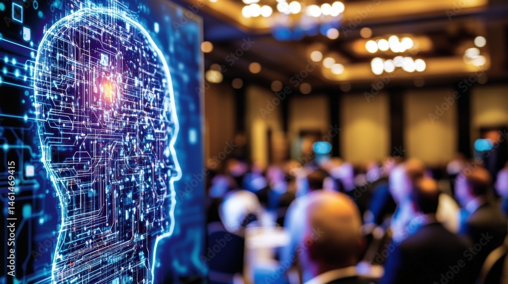 Poster large digital display shows a human head outline with digital circuitry at a conference for artifici
