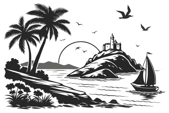 90 Tropical islands silhouettes, black and white illustrations, palm trees, rocky cliffs, castle on hilltop, sailboats, ocean waves, sunset, birds flying, detailed vector art, scenic landscapes, parad