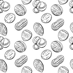 Mixed nuts seamless pattern in hand-drawn line art