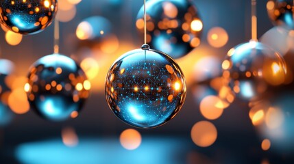 Sparkling Christmas ornaments hang gracefully creating a festive ambiance with bokeh lights illuminating the joyful holiday season scene indoors.