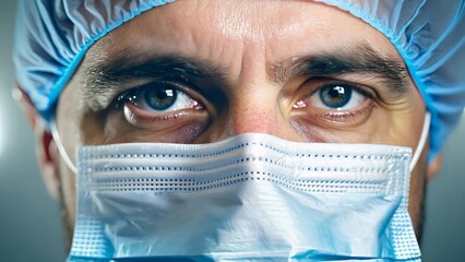 Close up capturing dedicated healthcare professional wearing protective equipment, eyes reflecting unwavering commitment during challenging medical environment
