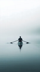 Solitary Rowing in Misty Lake at Dawn - Tranquility and Reflection in Nature