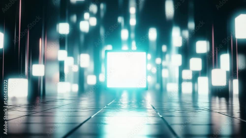 Poster futuristic setting with glowing cubes illuminating a dark corridor at twilight, futuristic backgroun