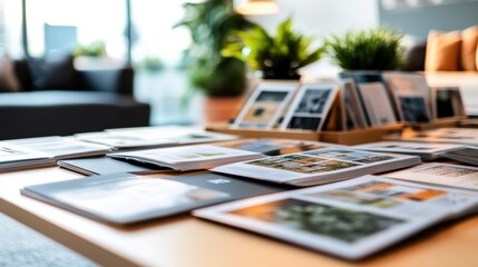 An assortment of printed marketing materials are displayed on a wooden table in a bright and modern office interior space for review purposes.